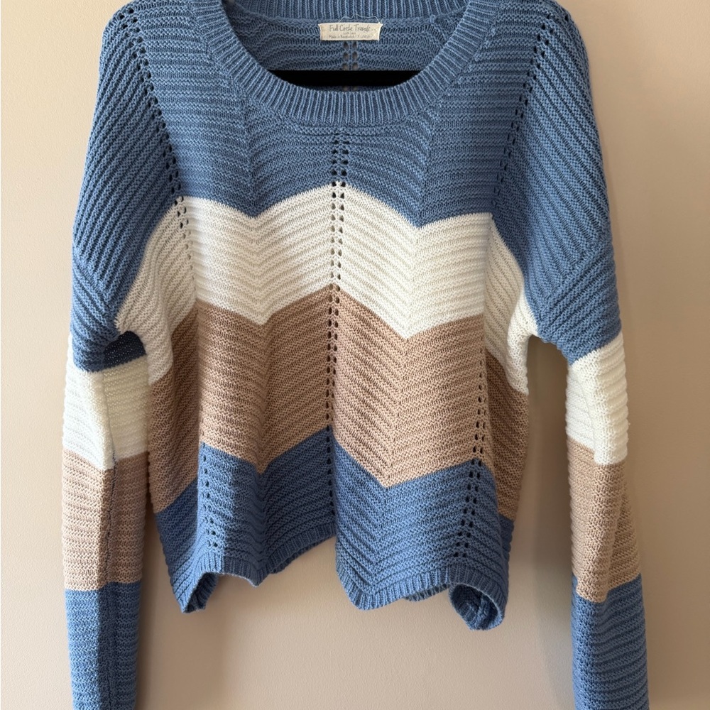 Chevron Scoop Neck Sweater in Blue, White & Tan by Full Circle Thread